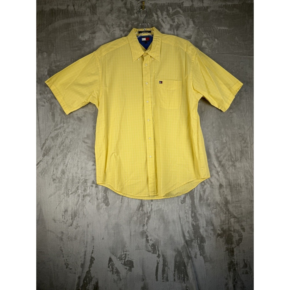VINTAGE‎ Tommy Hilfiger Button Up Shirt Large Adult Yellow Plaid Short Sleeve